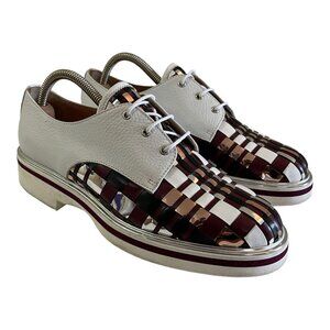 POLLINI Size 39 Laced Leather Shoes Burgundy Silver Woven Plaid Derby